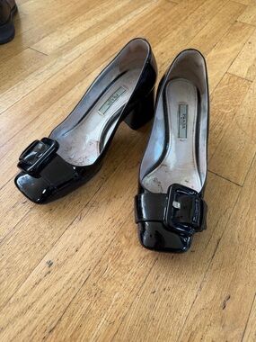 Prada Black Patent Leather Buckle Block Heels with Square Toe